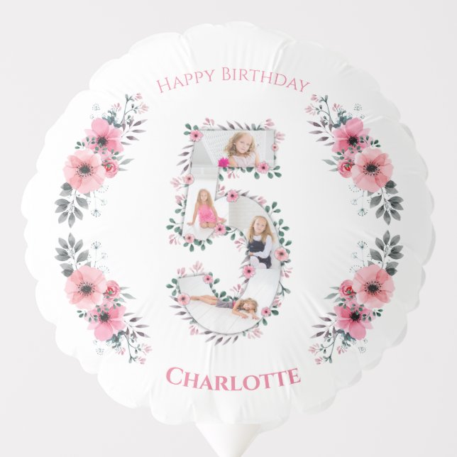 Big 5th Birthday Girl Photo Collage Pink Flower Balloon (Front)