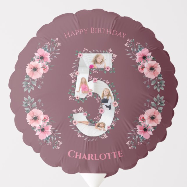 Big 5th Birthday Girl Photo Collage Pink Flower Balloon (Front)