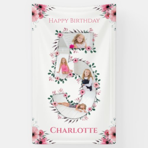 Big 5th Birthday Girl Photo Collage Pink Flower Banner