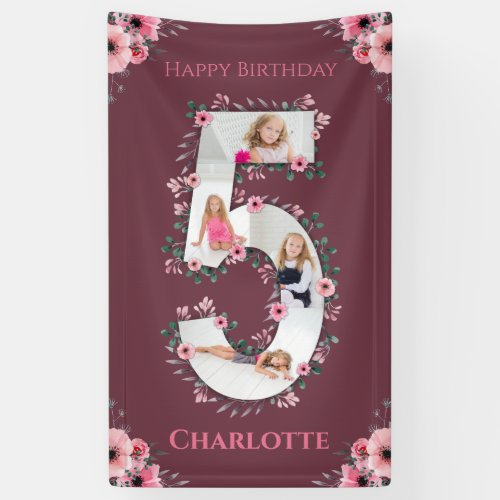 Big 5th Birthday Girl Photo Collage Pink Flower Banner