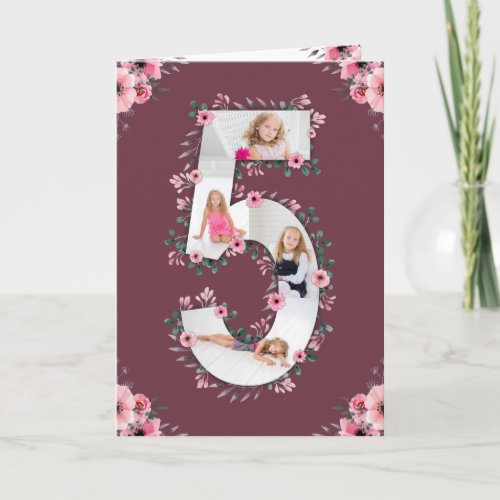 Big 5th Birthday Girl Photo Collage Pink Flower Card