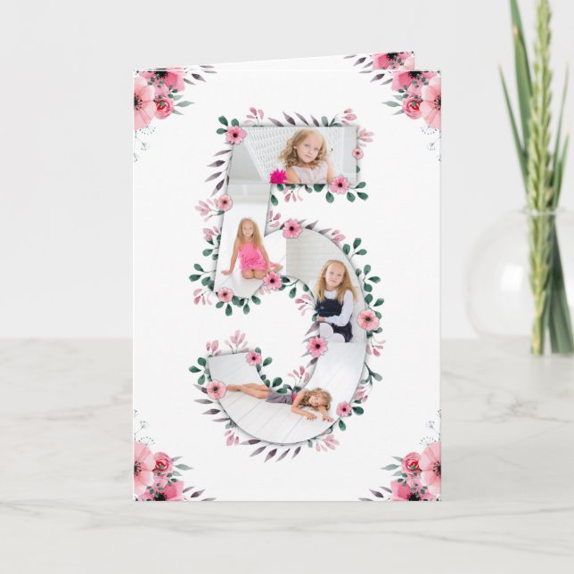 Big 5th Birthday Girl Photo Collage Pink Flower Card (Front)