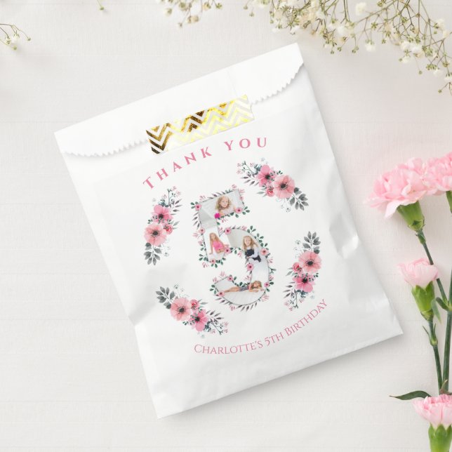Big 5th Birthday Girl Photo Collage Pink Flower Favor Bag (Sealed)