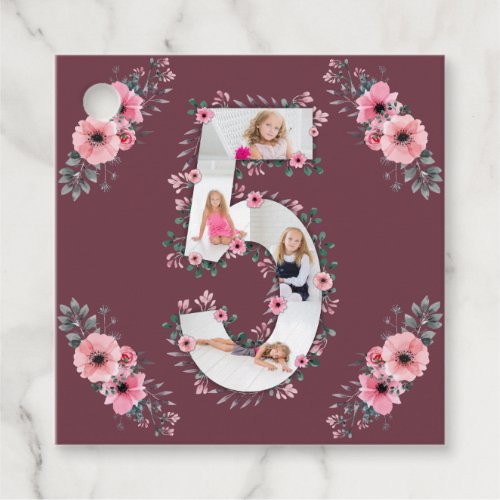 Big 5th Birthday Girl Photo Collage Pink Flower Favor Tags