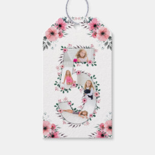 Big 5th Birthday Girl Photo Collage Pink Flower Gift Tags