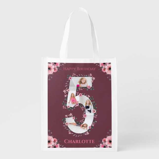 Big 5th Birthday Girl Photo Collage Pink Flower Grocery Bag (Front)