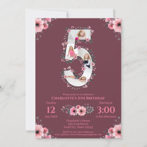 Big 5th Birthday Girl Photo Collage Pink Flower Invitation