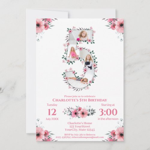 Big 5th Birthday Girl Photo Collage Pink Flower Invitation