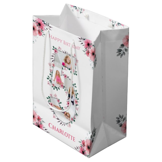 Big 5th Birthday Girl Photo Collage Pink Flower Medium Gift Bag (Front Angled)
