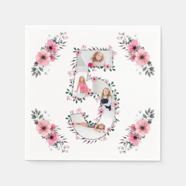 Big 5th Birthday Girl Photo Collage Pink Flower Napkins (Front)