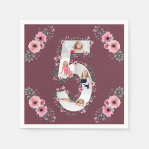 Big 5th Birthday Girl Photo Collage Pink Flower Napkins
