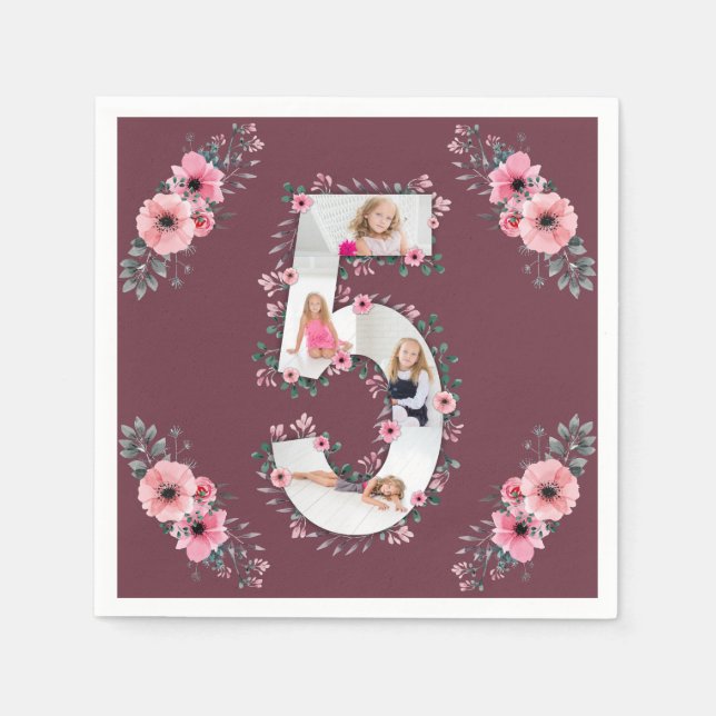 Big 5th Birthday Girl Photo Collage Pink Flower Napkins (Front)