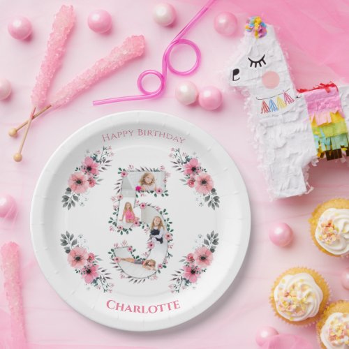 Big 5th Birthday Girl Photo Collage Pink Flower Paper Plates