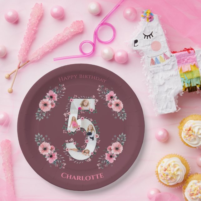 Big 5th Birthday Girl Photo Collage Pink Flower Paper Plates (Party)