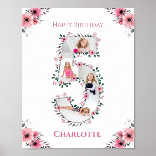 Big 5th Birthday Girl Photo Collage Pink Flower Poster