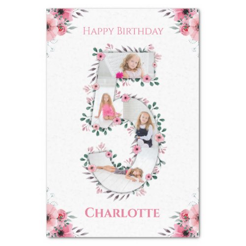 Big 5th Birthday Girl Photo Collage Pink Flower Tissue Paper