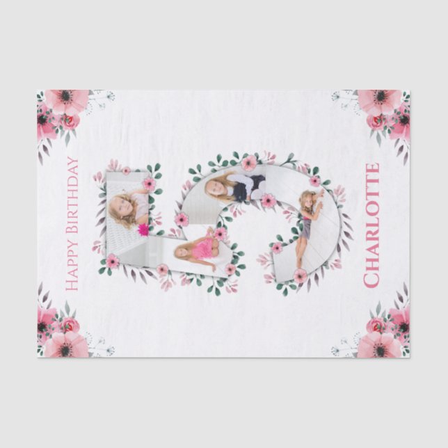 Big 5th Birthday Girl Photo Collage Pink Flower Tissue Paper (Front)