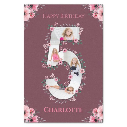 Big 5th Birthday Girl Photo Collage Pink Flower Tissue Paper