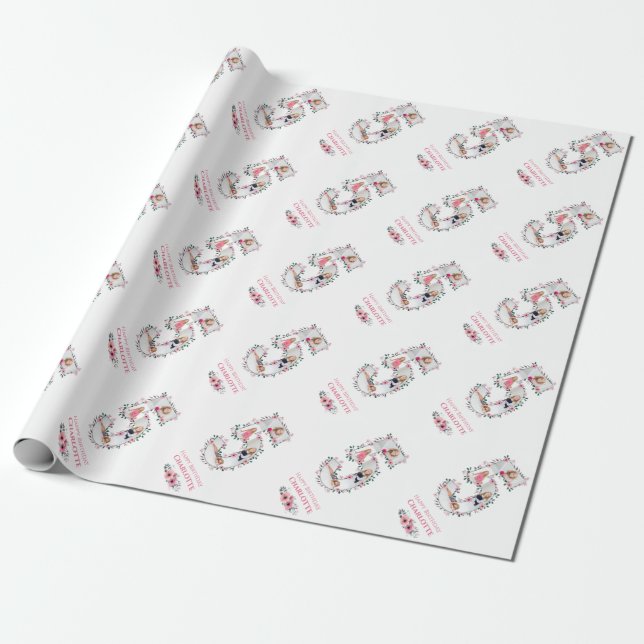 Big 5th Birthday Girl Photo Collage Pink Flower Wrapping Paper (Unrolled)