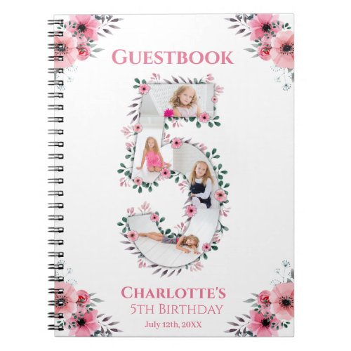 Big 5th Birthday Girl Photo Pink Flower Guest Book