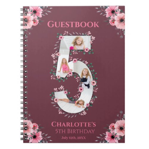 Big 5th Birthday Girl Photo Pink Flower Guest Book