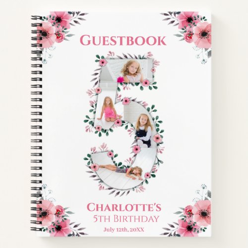 Big 5th Birthday Girl Photo Pink Flower Guest Book