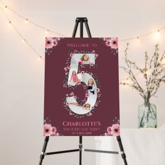 Big 5th Birthday Girl Photo Pink Flower Welcome Foam Board