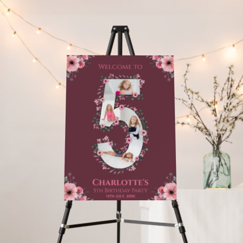 Big 5th Birthday Girl Photo Pink Flower Welcome Foam Board