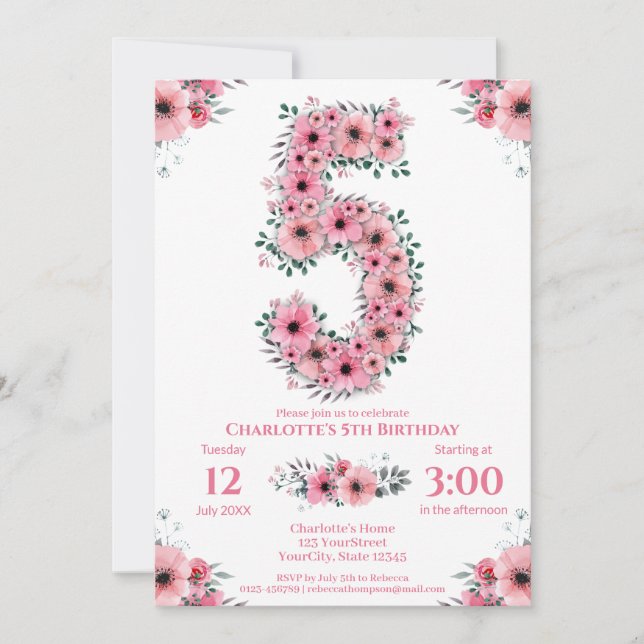 Big 5th Birthday Green Foliage Girl Pink Flowers Invitation (Front)