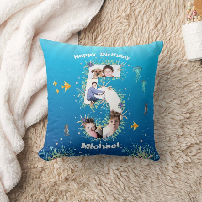 Big 5th Birthday Photo Collage Under The Sea Throw Pillow (Blanket)