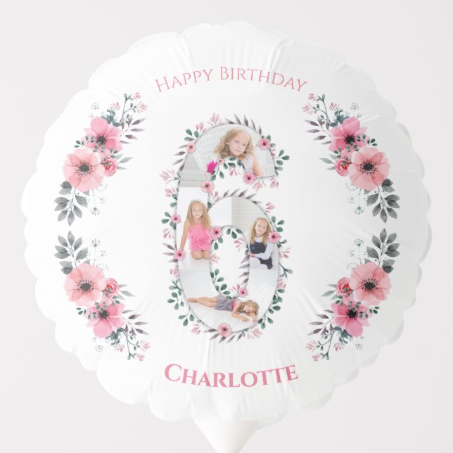 Big 6th Birthday Girl Photo Collage Pink Flower Balloon (Front)