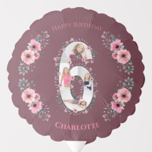 Big 6th Birthday Girl Photo Collage Pink Flower Balloon