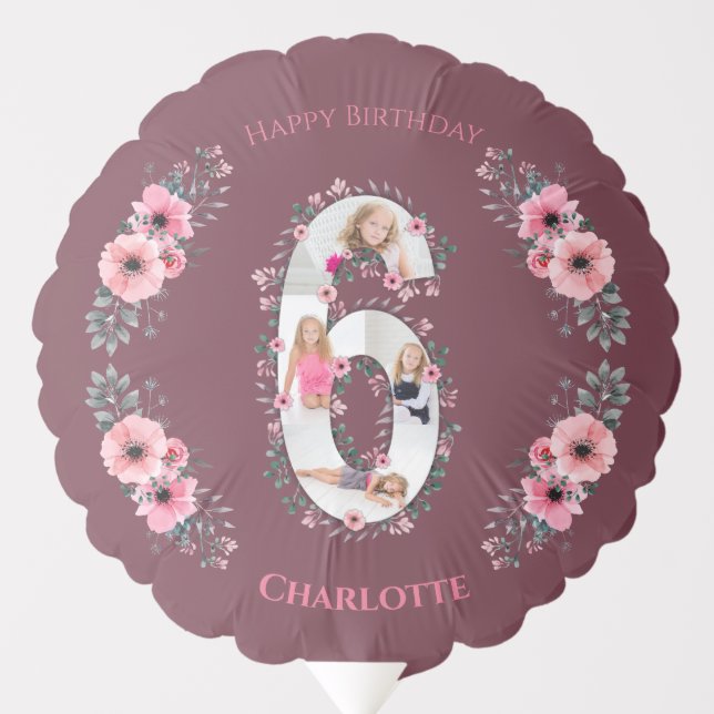 Big 6th Birthday Girl Photo Collage Pink Flower Balloon (Front)