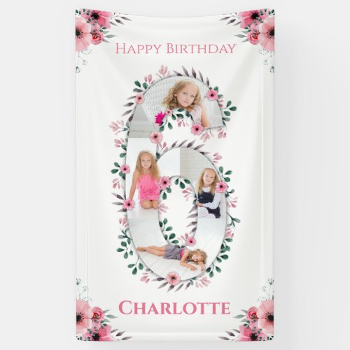 Big 6th Birthday Girl Photo Collage Pink Flower Banner