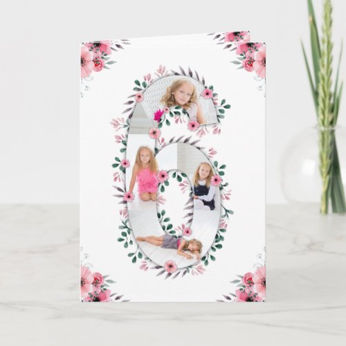 Big 6th Birthday Girl Photo Collage Pink Flower Card