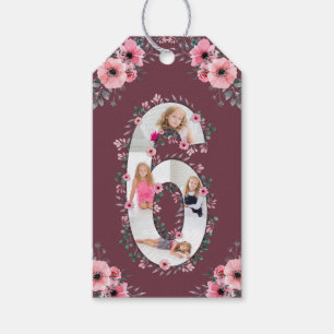 Big 6th Birthday Girl Photo Collage Pink Flower Gift Tags