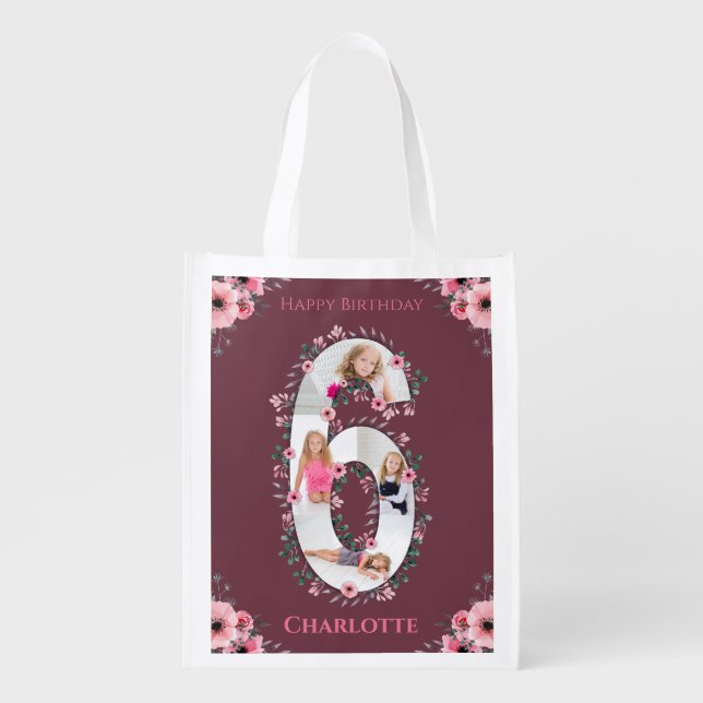 Big 6th Birthday Girl Photo Collage Pink Flower Grocery Bag (Front)