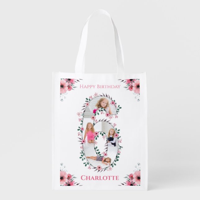 Big 6th Birthday Girl Photo Collage Pink Flower Grocery Bag (Front)