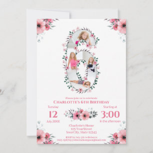 Big 6th Birthday Girl Photo Collage Pink Flower Invitation