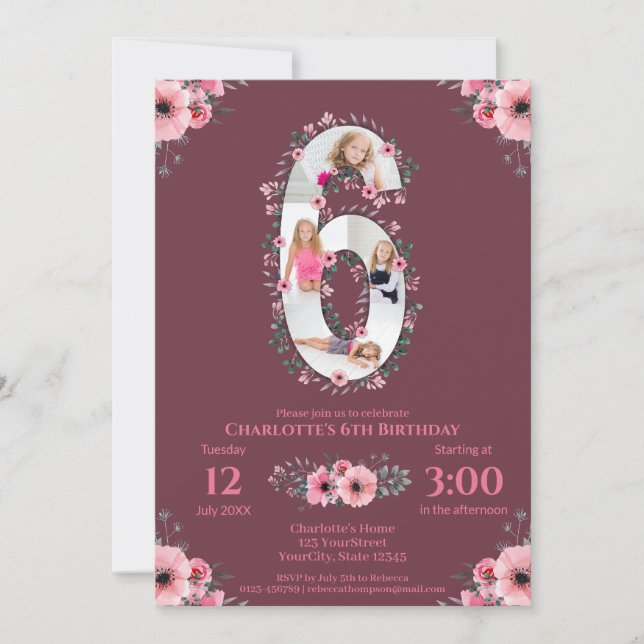 Big 6th Birthday Girl Photo Collage Pink Flower Invitation (Front)