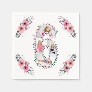 Big 6th Birthday Girl Photo Collage Pink Flower Napkins