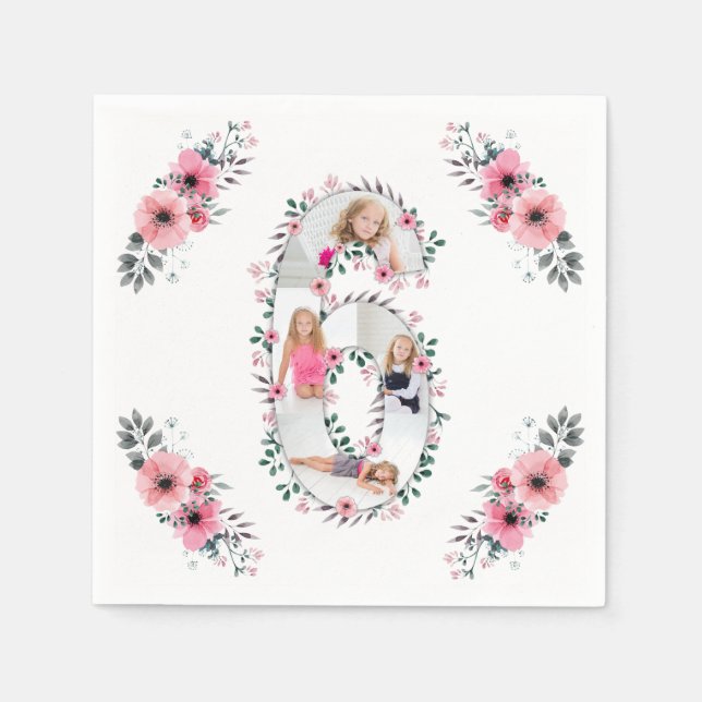 Big 6th Birthday Girl Photo Collage Pink Flower Napkins (Front)