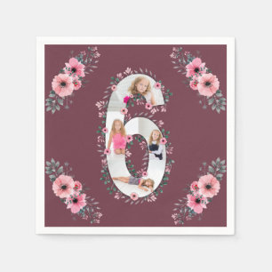 Big 6th Birthday Girl Photo Collage Pink Flower Napkins