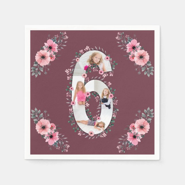 Big 6th Birthday Girl Photo Collage Pink Flower Napkins (Front)