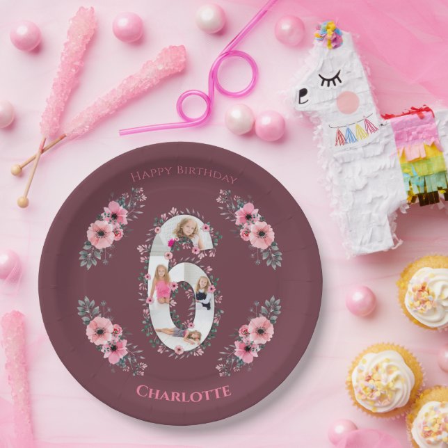 Big 6th Birthday Girl Photo Collage Pink Flower Paper Plates (Party)
