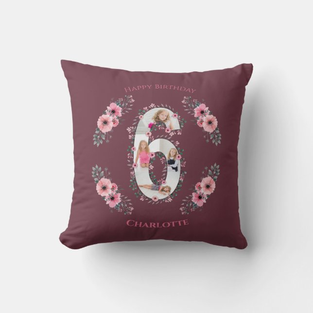 Big 6th Birthday Girl Photo Collage Pink Flower Throw Pillow (Front)