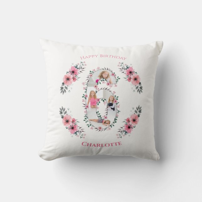Big 6th Birthday Girl Photo Collage Pink Flower Throw Pillow (Front)