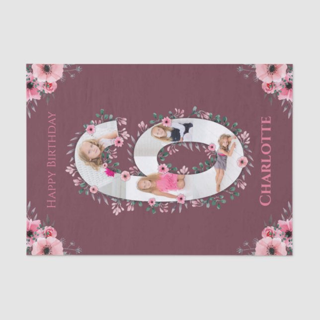 Big 6th Birthday Girl Photo Collage Pink Flower Tissue Paper (Front)