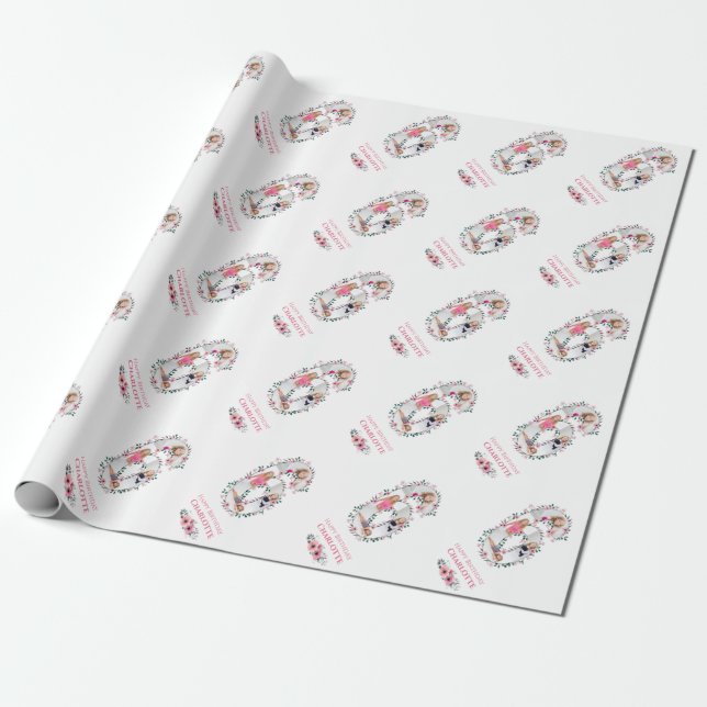 Big 6th Birthday Girl Photo Collage Pink Flower Wrapping Paper (Unrolled)