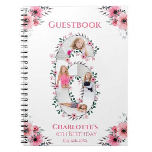 Big 6th Birthday Girl Photo Pink Flower Guest Book